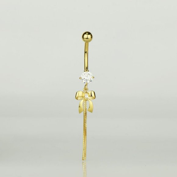 14K Solid Gold Bow Tie Belly Rings Piercings CZ Stones for Womens Chain Piercing - Picture 5 of 5